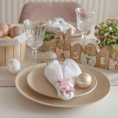 Festive Easter table setting with Easter bunny made from napkin. Easter celebration concept