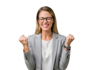 Excited woman in glasses celebrating success isolated on transparent background