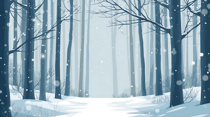 A tranquil winter forest scene features tall, slender trees covered in snow, observed from a peaceful path, with soft snowflakes descending through cool pastel shades of blue, white, and light gray.