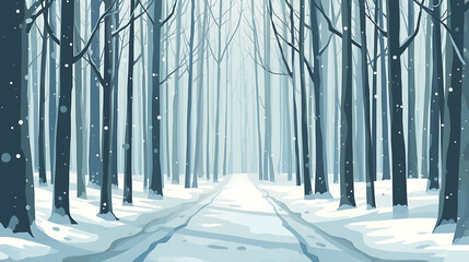 A tranquil winter forest scene features tall, slender trees covered in snow, observed from a peaceful path, with soft snowflakes descending through cool pastel shades of blue, white, and light gray.