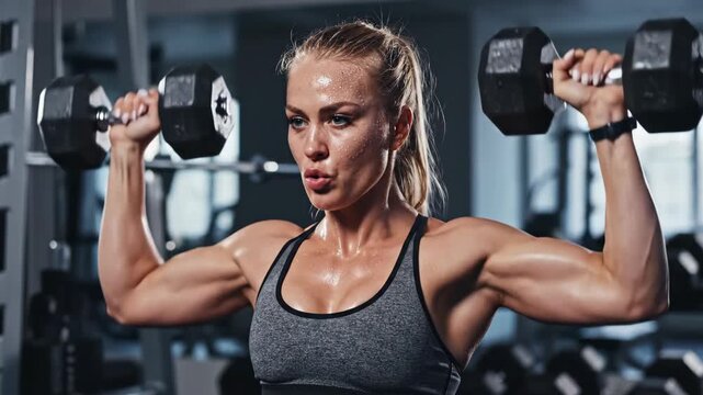 Muscular woman performing dumbbell shoulder press in a gym. Sweaty female athlete lifting heavy weights during an intense workout. Strength training and fitness concept