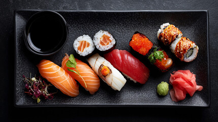 Sushi platter with various types served on a black plate