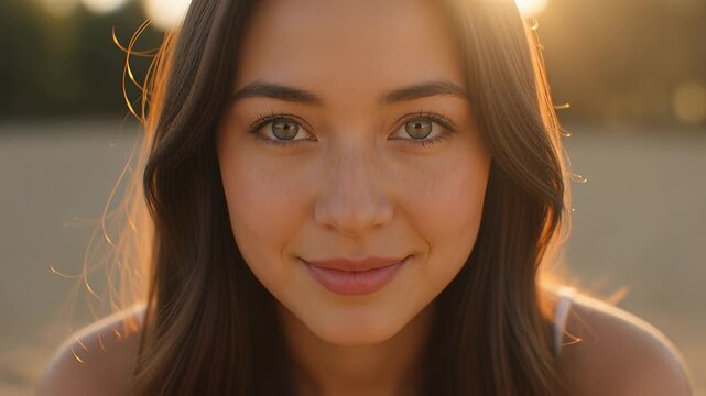 Close up portrait of a smiling young woman with green eyes and freckles backlit by golden hour sun, showcasing natural beauty and happiness concepts.