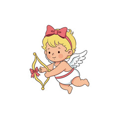 Obraz premium A cute cartoon cherub with a bow and arrow flies through the air.
