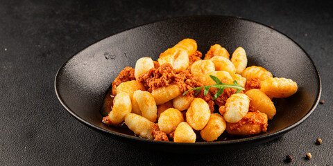 Gnocchi sauce tuna fish natural food main course ingredient appetizer fresh tasty table setting gourmet food background on the table rustic food top view copy space