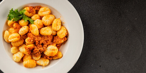 Gnocchi sauce tuna fish natural food main course ingredient appetizer fresh tasty table setting gourmet food background on the table rustic food top view copy space