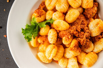 Gnocchi sauce tuna fish natural food main course ingredient appetizer fresh tasty table setting gourmet food background on the table rustic food top view copy space