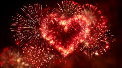 Vibrant red fireworks exploding in heart shape at night