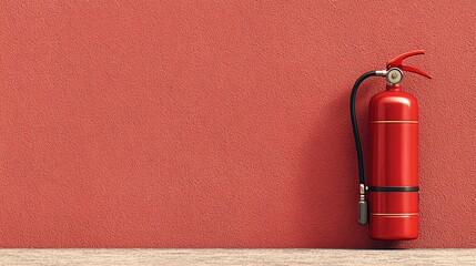 Red fire extinguisher on textured wall with empty space