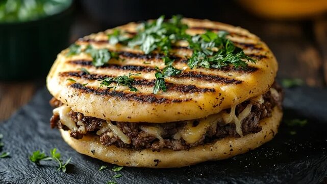 colombian arepa with cheese stuffed on black stone background video