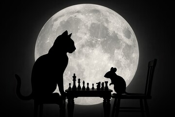 Silhouette Cat and Mouse Playing Chess Under Full Moon, Games, international politics, business, competition and wit