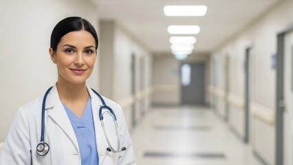 Confident female doctor in white coat and stethoscope standing in hospital corridor.