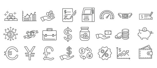 Finance line icon set. Vector pictograms of money, wallet, banking tools, currency symbols, investment chart, financial services, piggy bank, dollar thin linear illustration