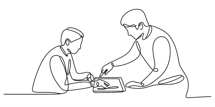 An adult guiding a child through a task on a digital tablet, continuous line drawing Vector, illustration