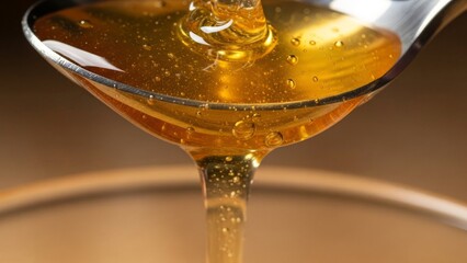 Golden Honey Dripping from a Spoon into a Bowl.