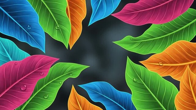 Vibrant leaves arranged in a circular pattern on a dark background