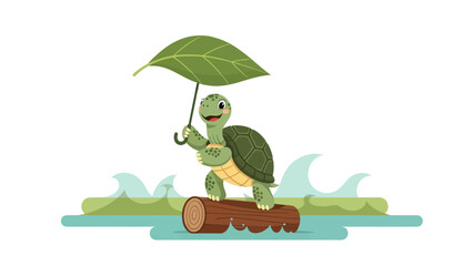 Obraz premium Cheerful Turtle Sailing On A Log Using Leaf As An Umbrella Vector