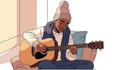 A man in a beanie and scarf playing an acoustic guitar