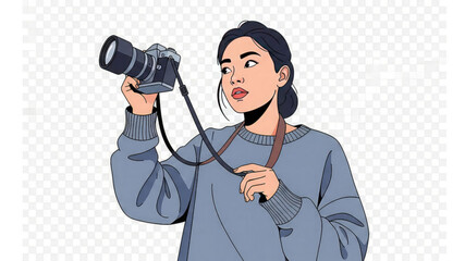 Woman holding camera and looking through viewfinder with curiosity