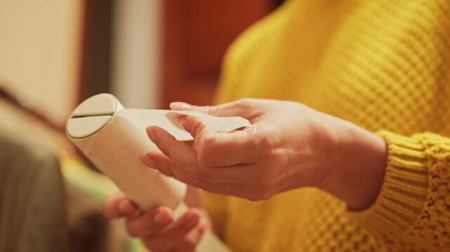 A close up of hands holding a lint roller and removing the top layer of dirt. Perfect for demonstrating cleaning concepts.