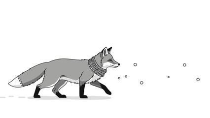 Fototapeta premium Charming Fox Wearing Scarf During Winter Isolated On White Background In Black And White