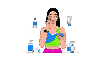 Woman applying face cream with various beauty products on a clean