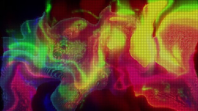 Abstract background with neon glowing colorful gradient LED light pulsating, swirling and waving under squared surface. Laser show in neon ultraviolet dynamic colors. 