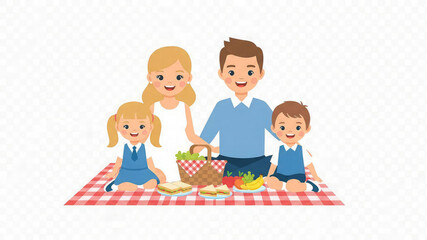 A happy family of four enjoying a picnic on a red and white