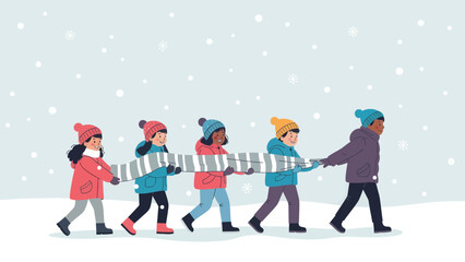Fototapeta premium Children Collaborative Winter Activity Together Carrying A Giant Scarf In Snowy Landscape