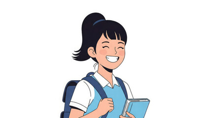 Smiling schoolgirl with backpack and books in hand looking happy