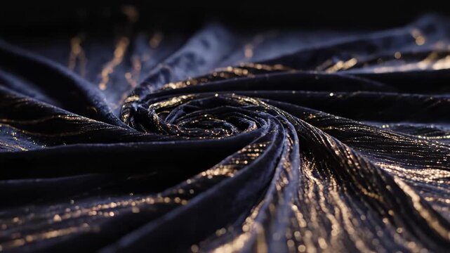 Dark blue velvet fabric with shimmering gold threads slowly swirling into a central vortex abstract background motion footage