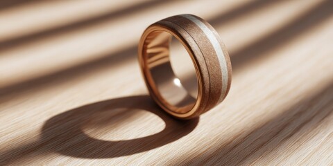 Detail shot of ring resting on wooden desk with rotating band, shadows and light Concept of Spinner & fidget rings  