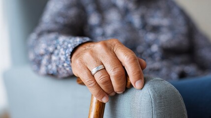 Elderly person seated comfortably with cane and spinning ring during break - Concept of Spinner & fidget rings  