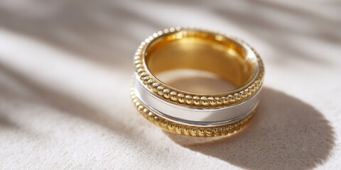 Detail shot of spinner ring placed alone on neutral surface with blur  