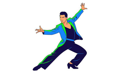 Man in blue and green dance outfit performing dynamic pose