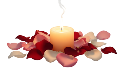 Romantic valentine's day candle with rose petals isolated on transparent background