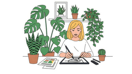 Woman drawing at desk surrounded by potted plants and art supplies