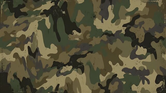 Distressed Camouflage Pattern - This video displays a classic camouflage pattern with a distressed or worn effect, featuring organic shapes and muted earth tones.