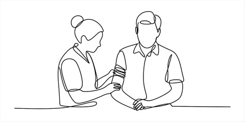 Continuous line art drawing of a nurse caring for a patient in a medical setting Vector, illustration
