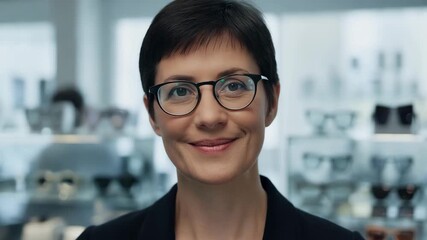 Professional woman wearing optical glasses in modern eyewear store environment - Powered by Adobe