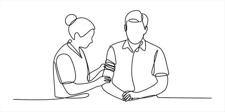 Continuous line art drawing of a nurse caring for a patient in a medical setting Vector, illustration