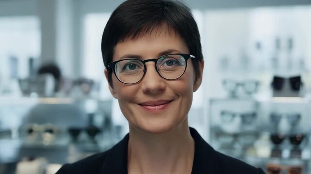 Professional woman wearing optical glasses in modern eyewear store environment