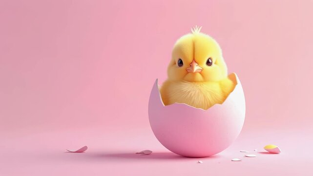 cute yellow baby chick sitting inside a cracked pink easter egg gazing and looking at camera with calm gentle expression on a minimal pastel pink background with significant copy space for text