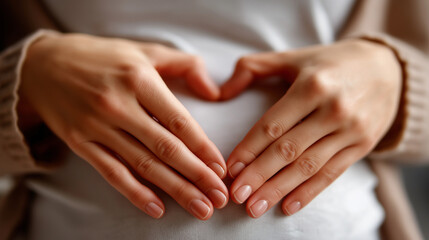 Gentle heart expectant mother's hands, forming heart shape on baby bump, maternal love visualization, pregnancy tenderness display, anticipation representation, motherhood celebrat