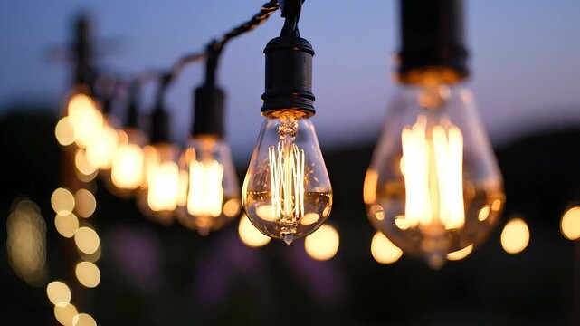 Closeup of string lights glowing warmly in the evening creating a festive and inviting atmosphere for outdoor gatherings and celebrations.