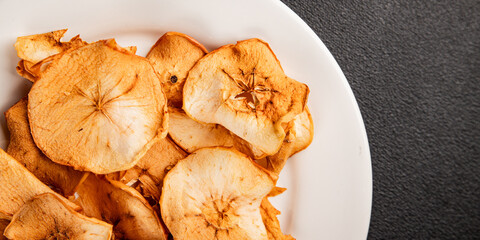 Apple chips dried apple sweet slices natural healthy food main course ingredient appetizer fresh tasty table setting gourmet food background rustic food top view copy space keto and paleo diet 