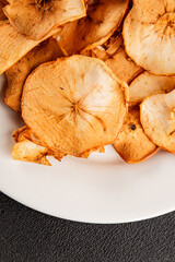 Apple chips dried apple sweet slices natural healthy food main course ingredient appetizer fresh tasty table setting gourmet food background rustic food top view copy space keto and paleo diet 