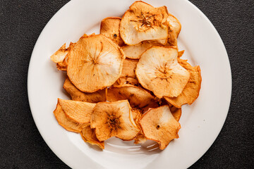 Apple chips dried apple sweet slices natural healthy food main course ingredient appetizer fresh tasty table setting gourmet food background rustic food top view copy space keto and paleo diet 