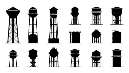 Collection of water towers isolated on white background, Vector