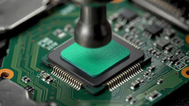 Close Up Macro Shot Of Thermal Paste Application On A Computer Processor Chipset With Green Pad And Silver Applicator